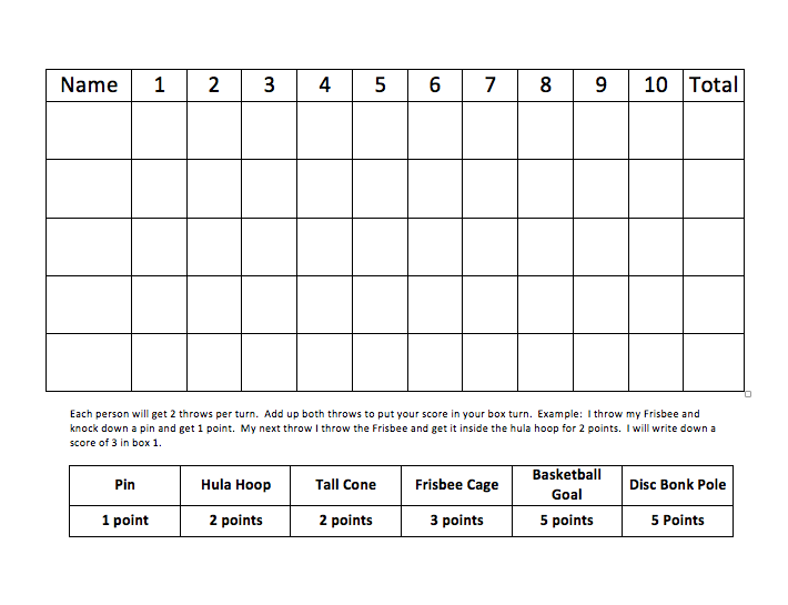 Fast Math Frisbee Score Sheet