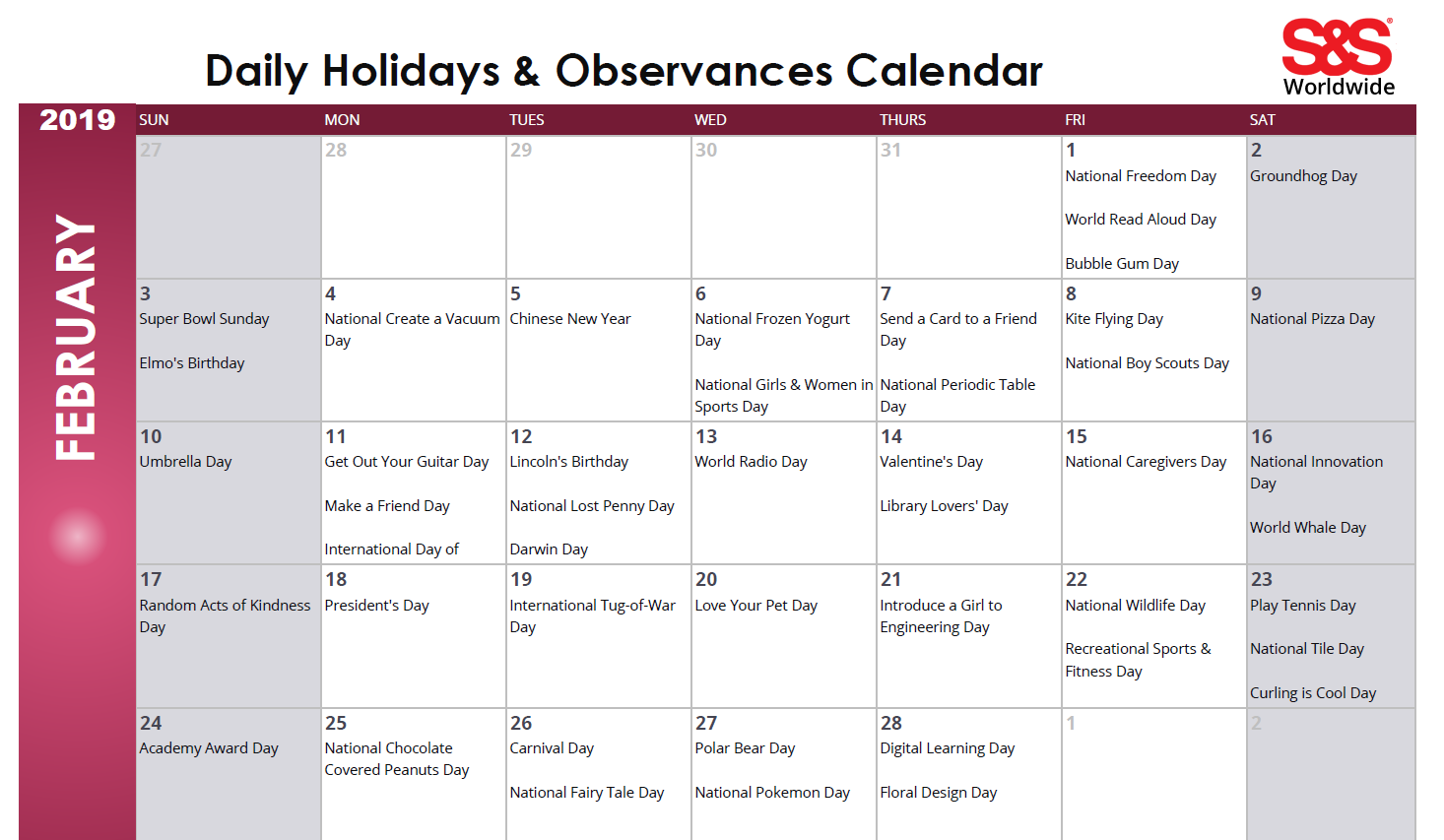 April Daily Holidays & Observances Printable Calendar S&S Blog