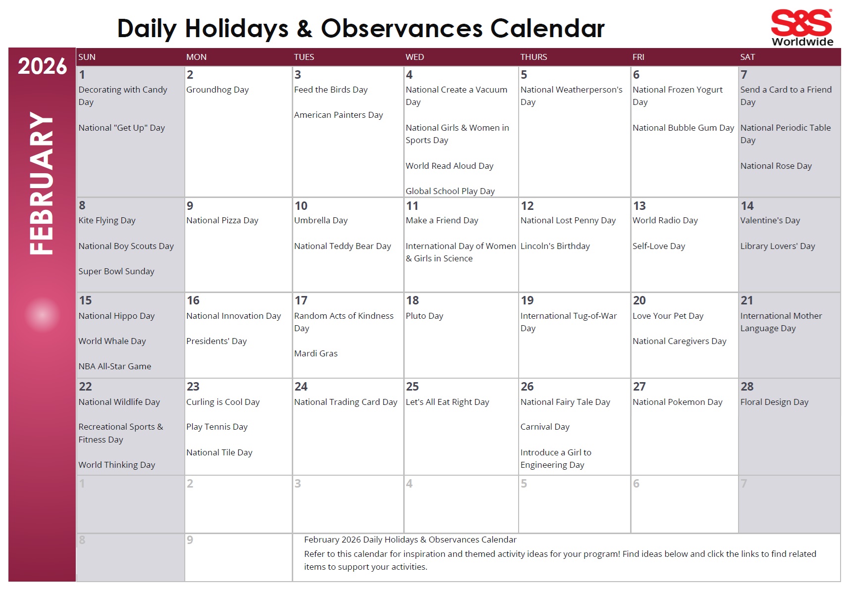 February Daily Holidays & Observances Printable Calendar
