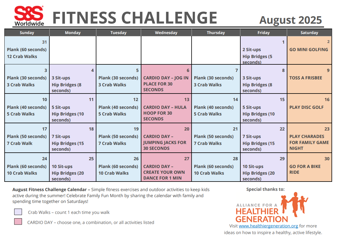August Printable Fitness Challenge Calendar