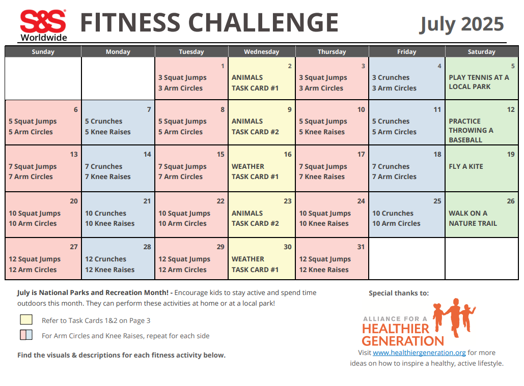 July Printable Fitness Challenge Calendar