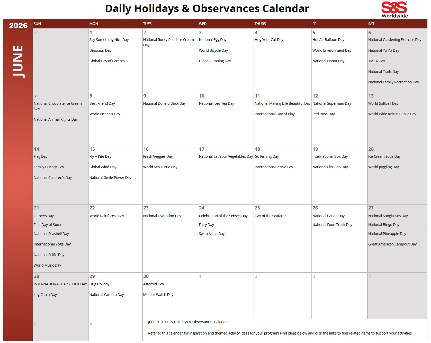 June Daily Holidays & Observances Printable Calendar