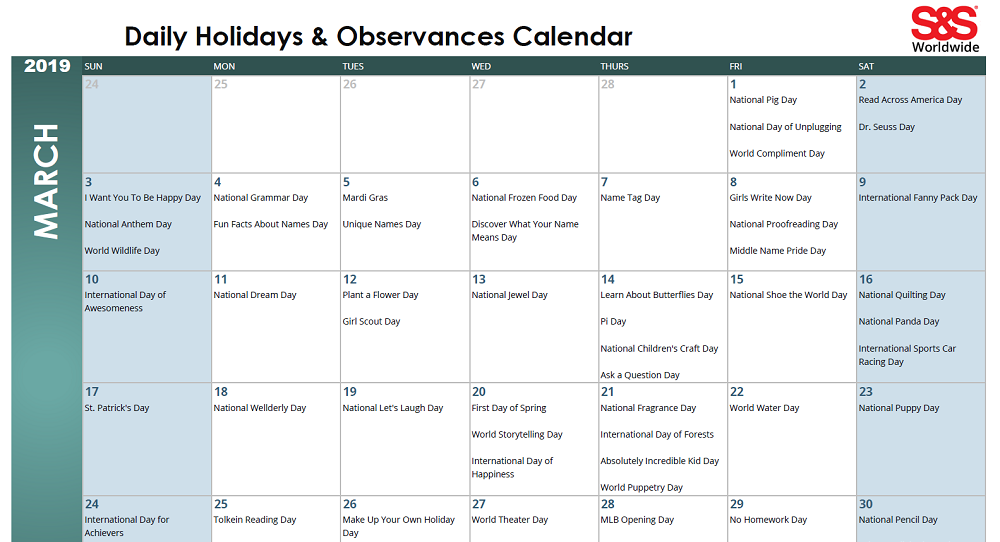 March Daily Holidays & Observances Printable Calendar S&S Blog