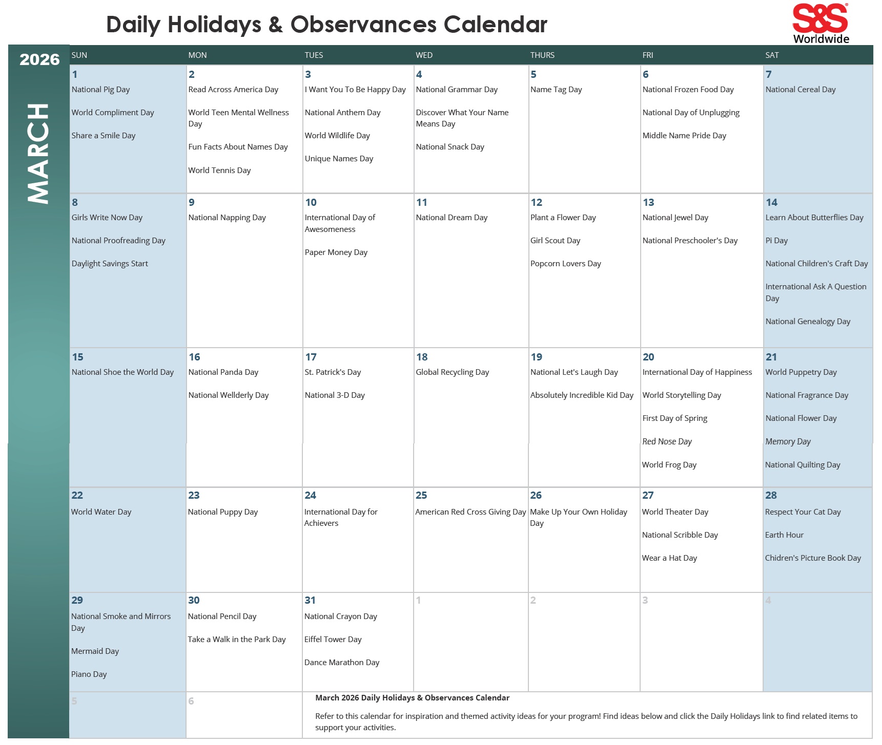 March 2026 Daily Holidays Calendar