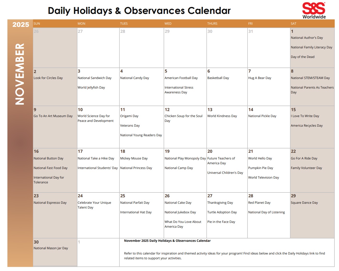 November Daily Holidays & Observances Printable Calendar